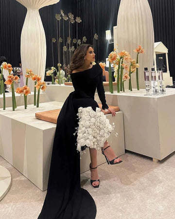 Elegant Sheath Long Sleeve 3D Floral Satin Long Prom Dress Evening Dress HZ1023